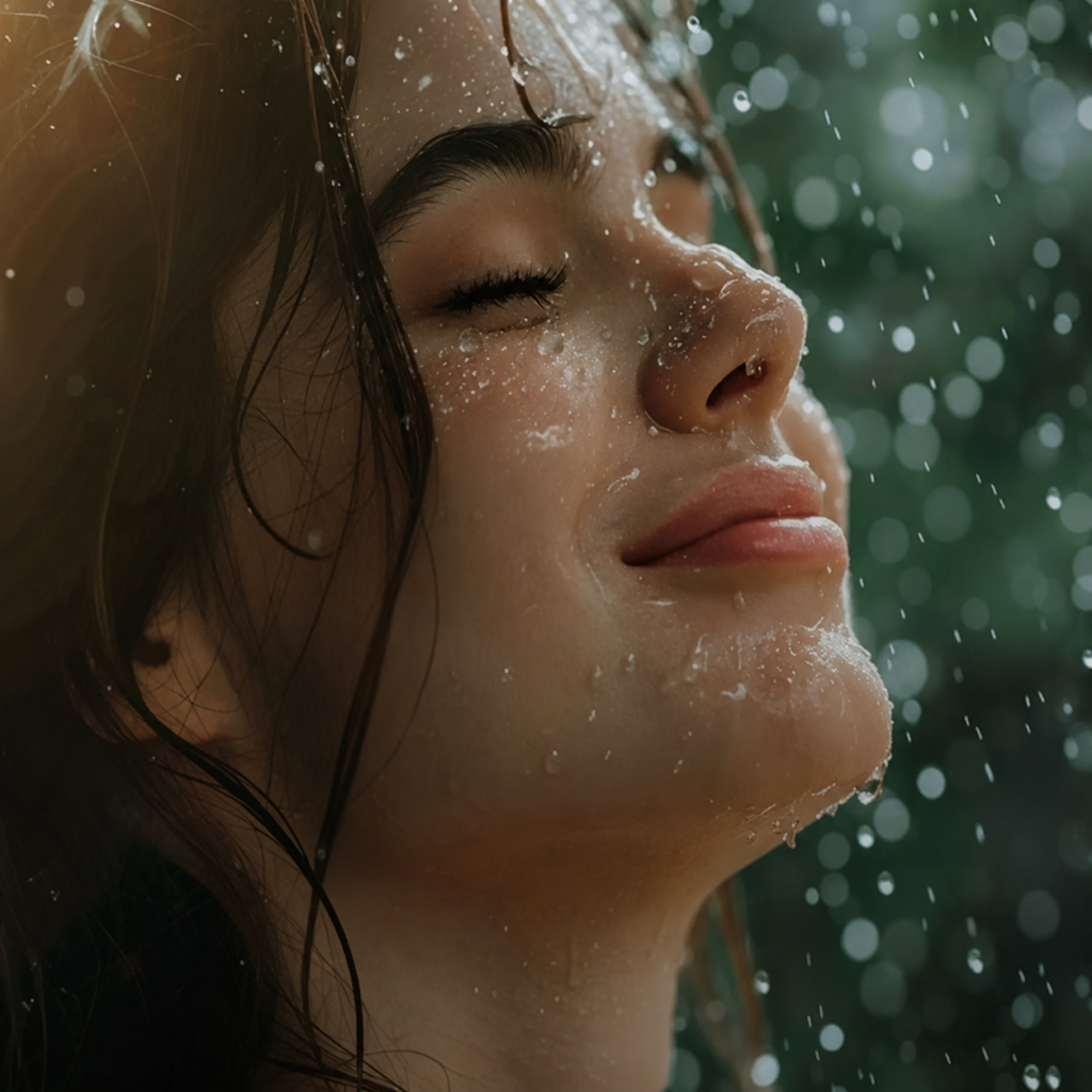 Woman following monsoon skincare and haircare routine while avoiding common beauty myths during rainy season