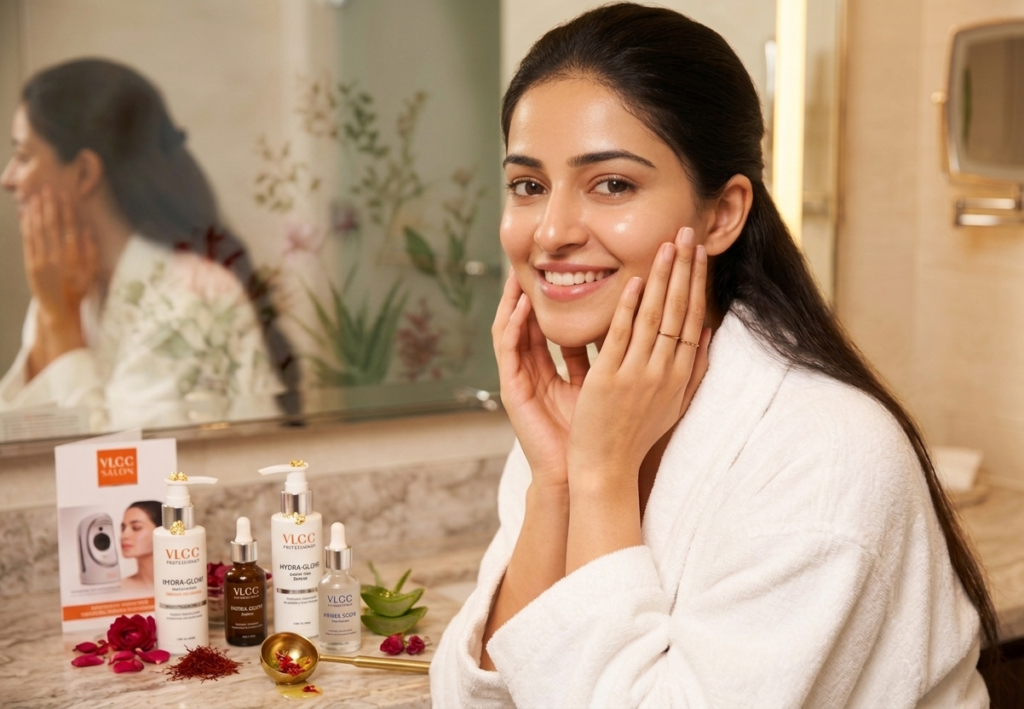 Woman looking disappointed in the mirror despite using expensive skincare products, consulting a skin specialist at VLCC Wakad Pune for dull skin treatment.