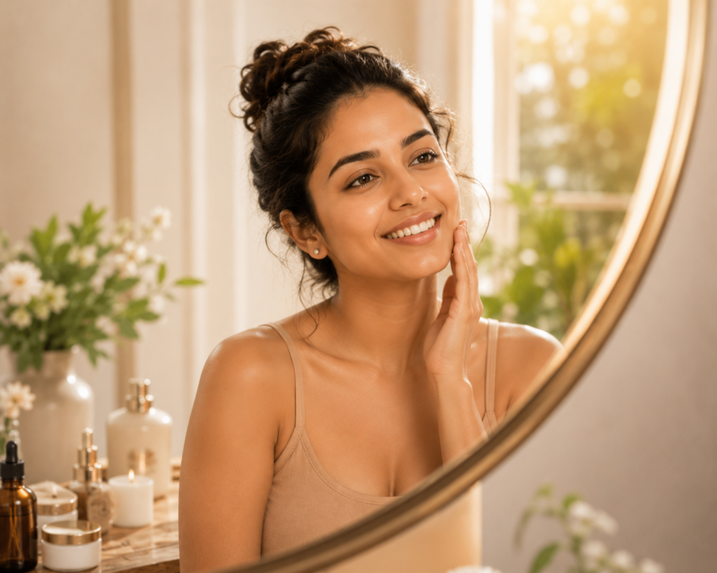 Confident middle-aged woman smiling in front of a mirror after investing in her skin, hair, and overall wellness through professional beauty treatments
