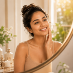 Confident middle-aged woman smiling in front of a mirror after investing in her skin, hair, and overall wellness through professional beauty treatments