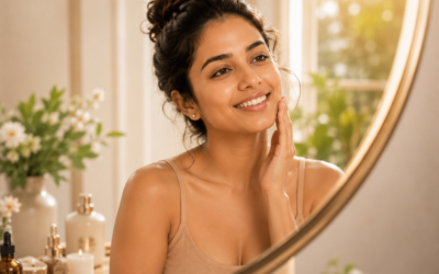 Confident middle-aged woman smiling in front of a mirror after investing in her skin, hair, and overall wellness through professional beauty treatments