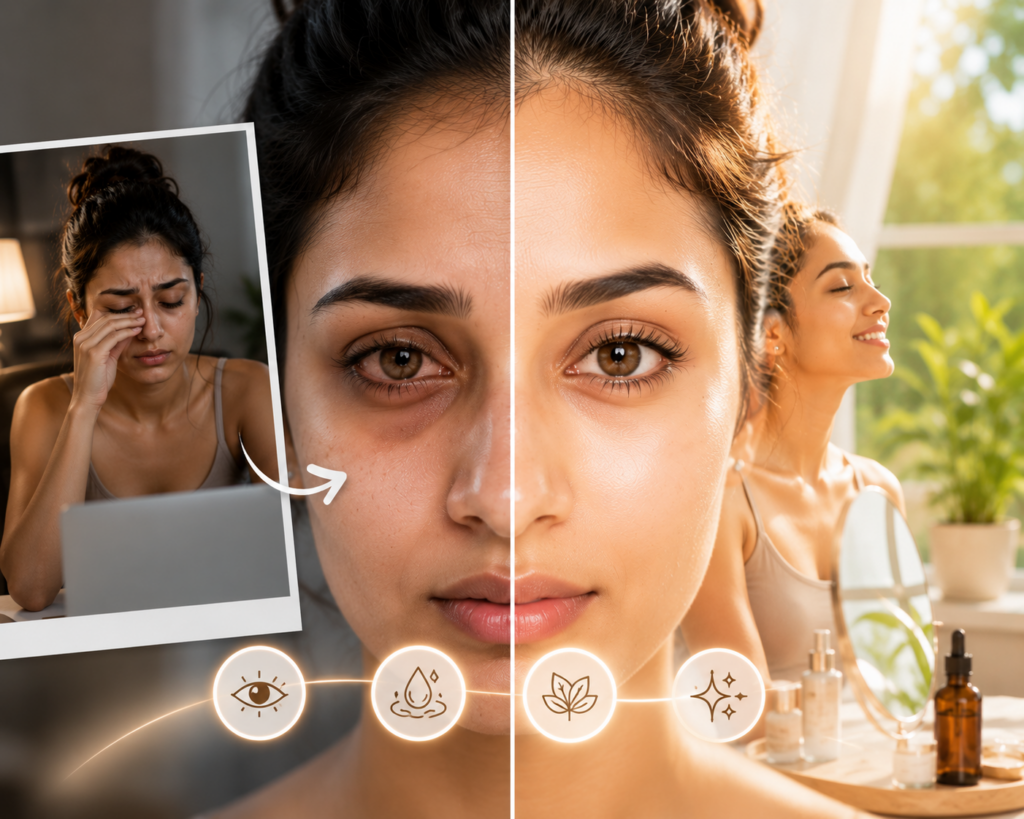 Professional woman looking tired during a video call despite getting enough sleep, highlighting dark circles, dull skin, and facial fatigue
