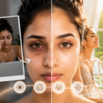 Professional woman looking tired during a video call despite getting enough sleep, highlighting dark circles, dull skin, and facial fatigue