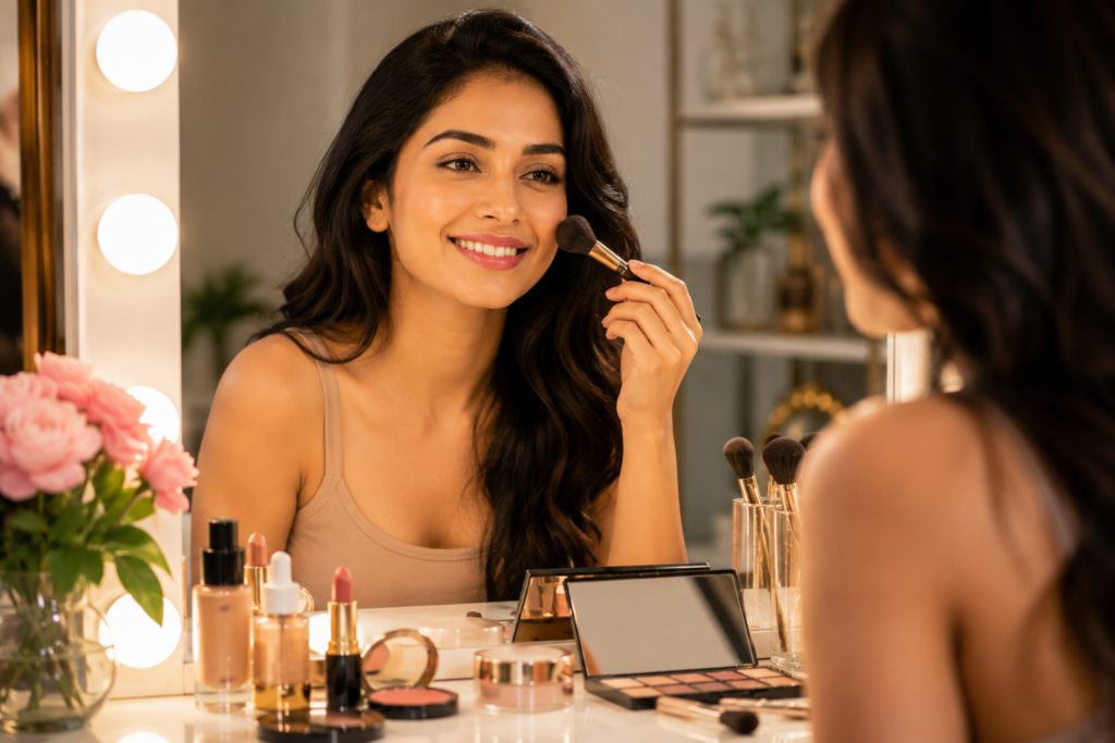 Woman checking her makeup in a laptop camera after foundation becomes patchy and uneven due to dehydrated skin