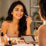 Woman checking her makeup in a laptop camera after foundation becomes patchy and uneven due to dehydrated skin