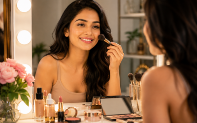 Why Your Makeup Stops Looking Good After a Few Hours Woman checking her makeup in a laptop camera after foundation becomes patchy and uneven due to dehydrated skin