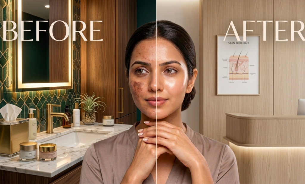 Woman examining dark pigmentation patches on her cheek in a mirror while concerned about uneven skin tone and melasma