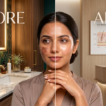 Woman examining dark pigmentation patches on her cheek in a mirror while concerned about uneven skin tone and melasma