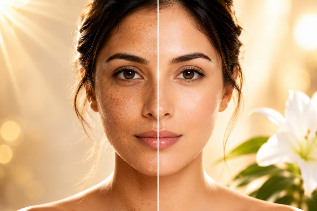 Woman noticing sun damage, pigmentation, and uneven skin tone in the mirror while considering professional skin treatment in Wakad Pune