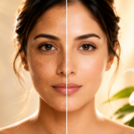 Woman noticing sun damage, pigmentation, and uneven skin tone in the mirror while considering professional skin treatment in Wakad Pune