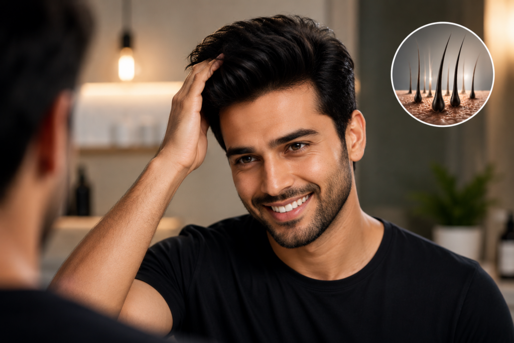 Man looking at thinning hair and visible scalp in a car mirror despite using premium hair care products