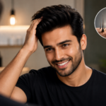 Man looking at thinning hair and visible scalp in a car mirror despite using premium hair care products