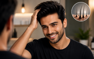 Your Hair May Look Thin Even If You're Using the Best Products Man looking at thinning hair and visible scalp in a car mirror despite using premium hair care products