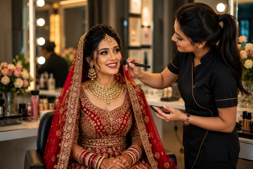 Bride-to-be looking worried at her skin in the mirror after a last-minute beauty treatment before her wedding in Pune