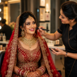Bride-to-be looking worried at her skin in the mirror after a last-minute beauty treatment before her wedding in Pune