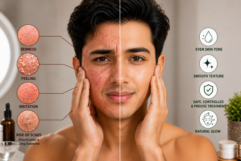 Man experiencing skin irritation and redness after using a high-strength home chemical peel without professional supervision